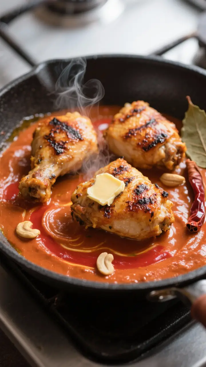 Cooking process, close-up detail: Juicy, lightly charred butter chicken thigh pieces just off a gril