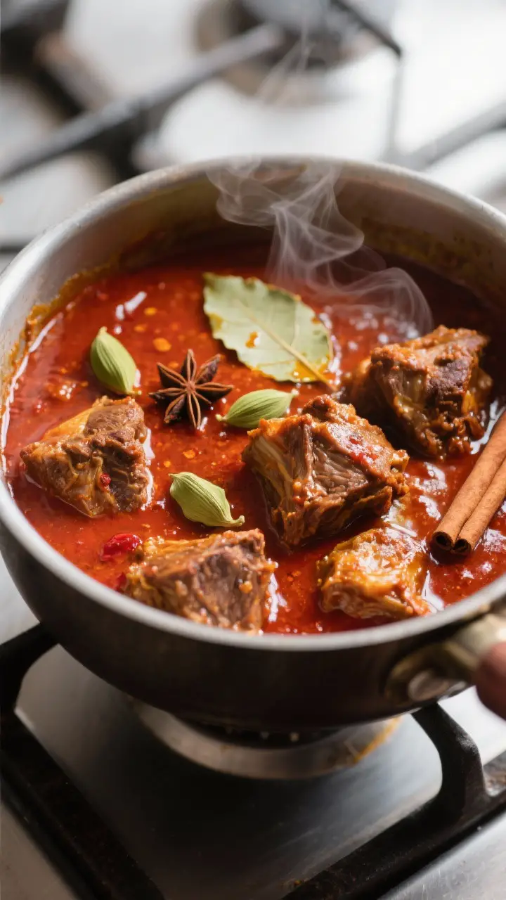 Cooking process, close-up detail: Lamb Rogan Josh simmering in a heavy-bottomed pot, showing tender