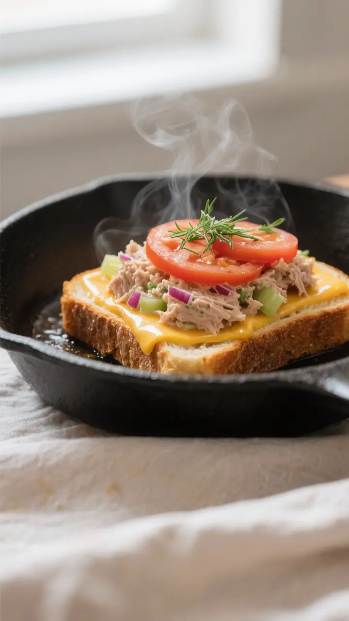 Cooking process, close-up detail: Open-faced tuna melts in a skillet over medium heat, buttered sour