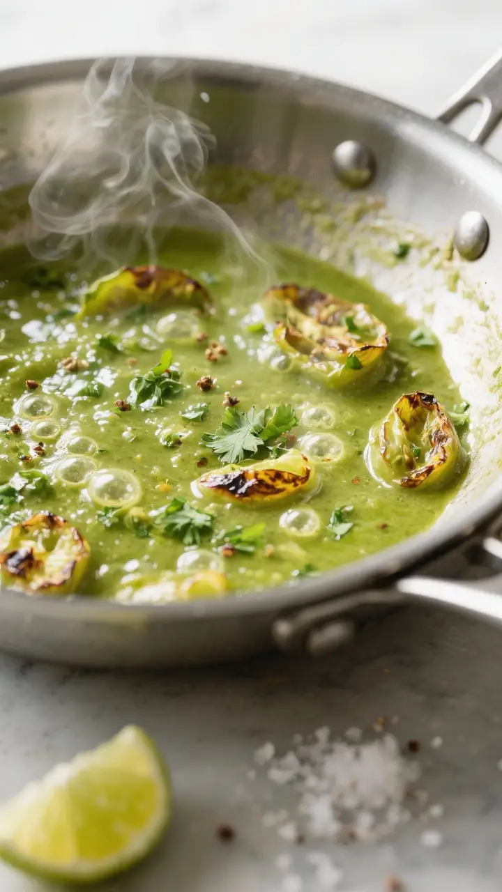 Cooking process, close-up detail: Roasted tomatillo green enchilada sauce sizzling as it hits a ligh
