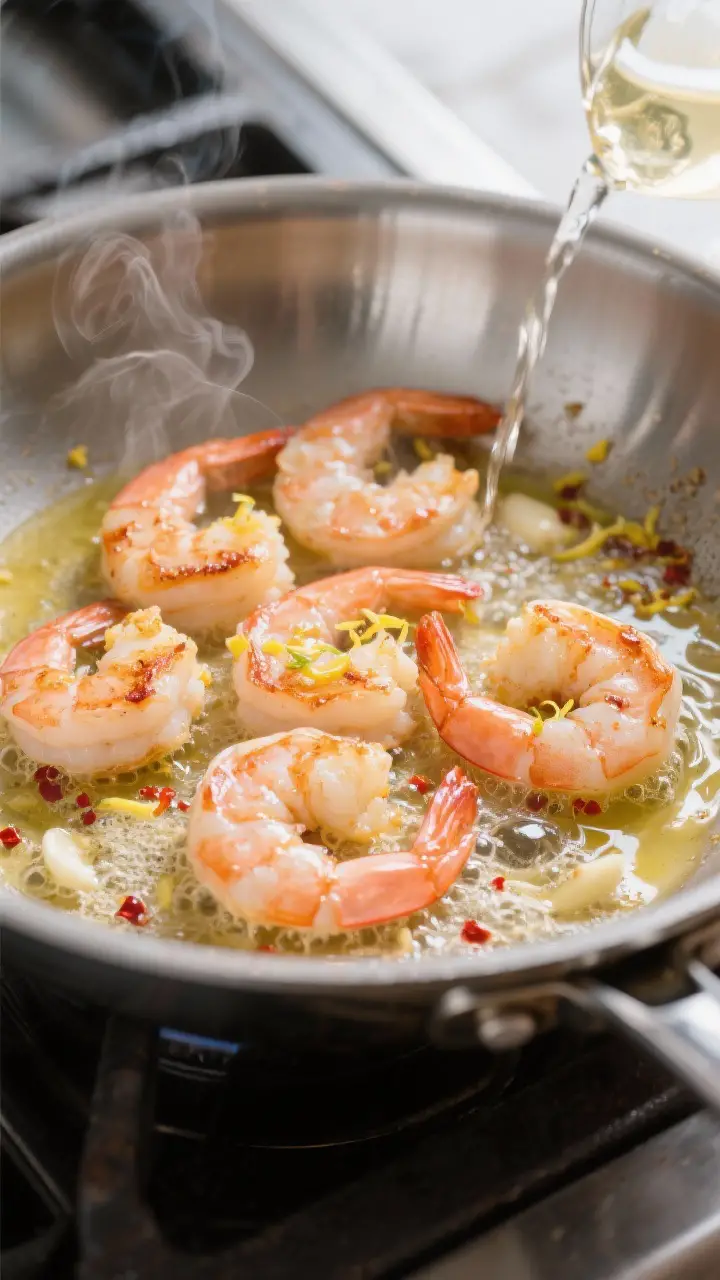 Cooking process, close-up detail: Searing large shrimp in a wide stainless skillet with bubbling gar