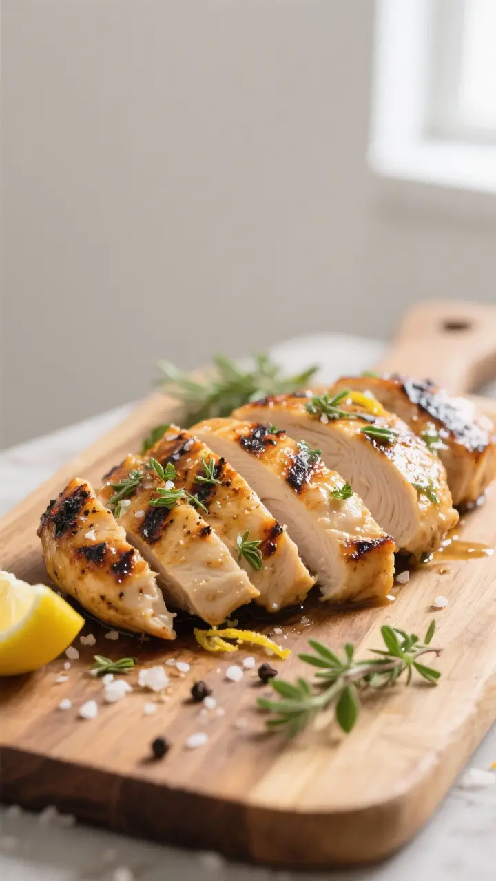 Cooking process, close-up detail: Sliced grilled chicken resting on a wooden board after grilling, g