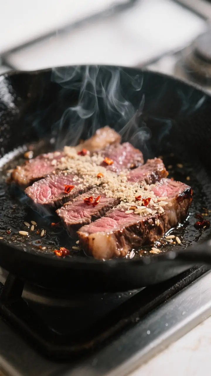 Cooking process, close-up detail: Sliced medium-rare beef sizzling on a hot cast-iron skillet, juice