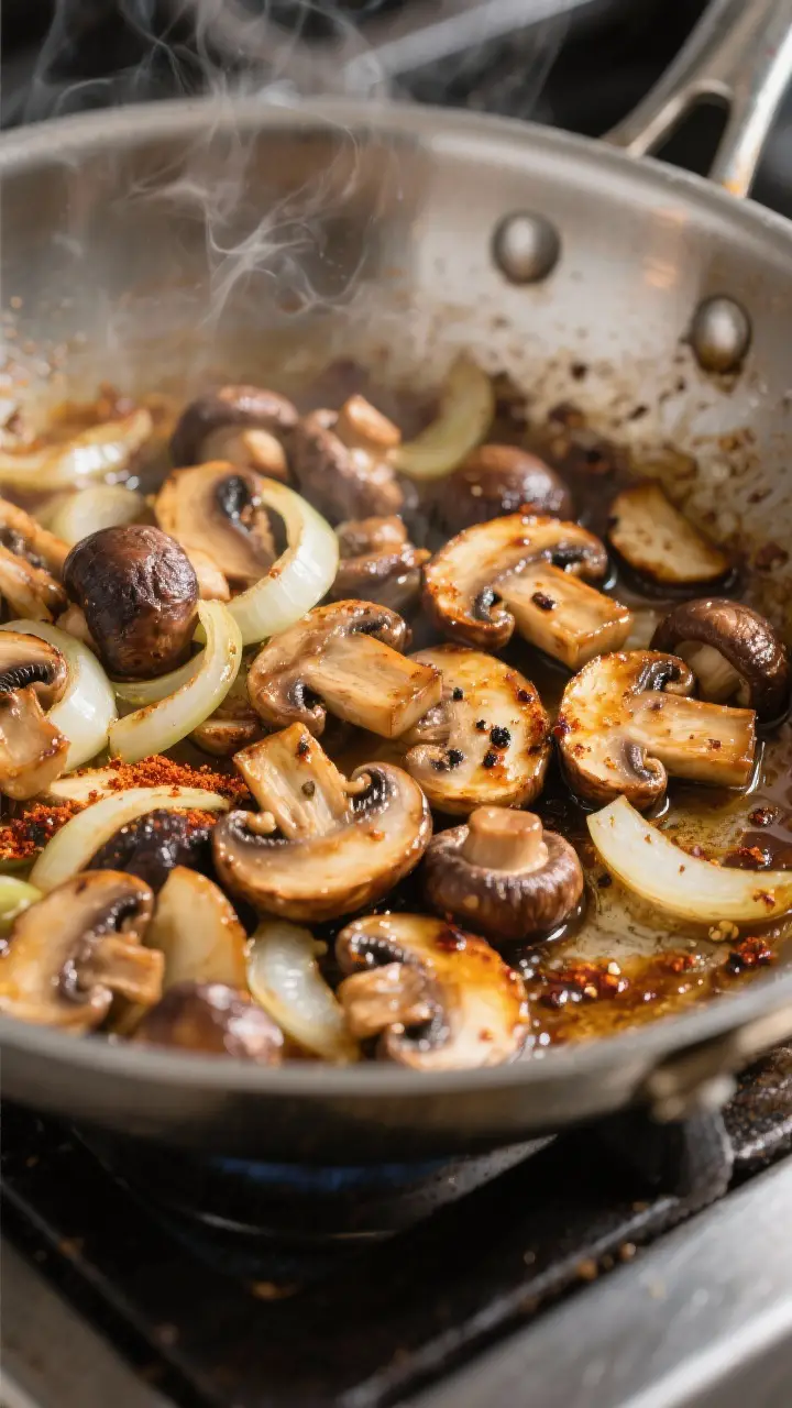 Cooking process, close-up detail: Sliced mixed mushrooms (cremini, button, shiitake, oyster) deeply