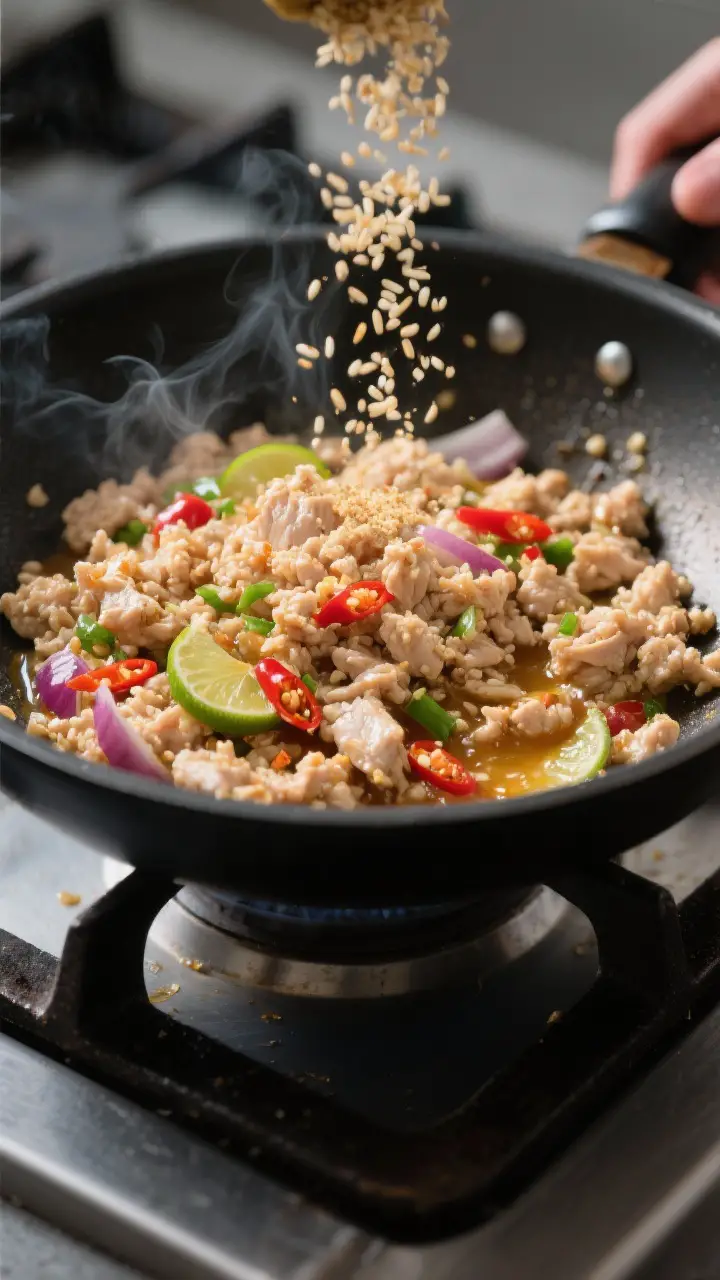Cooking process, close-up detail: Steaming-hot minced chicken just cooked through in a dark skillet,