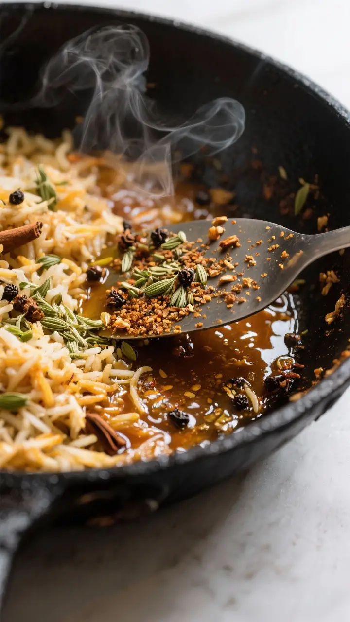 Cooking process close-up: Fragrant biryani masala being bloomed in hot ghee—deep amber oil shimmer