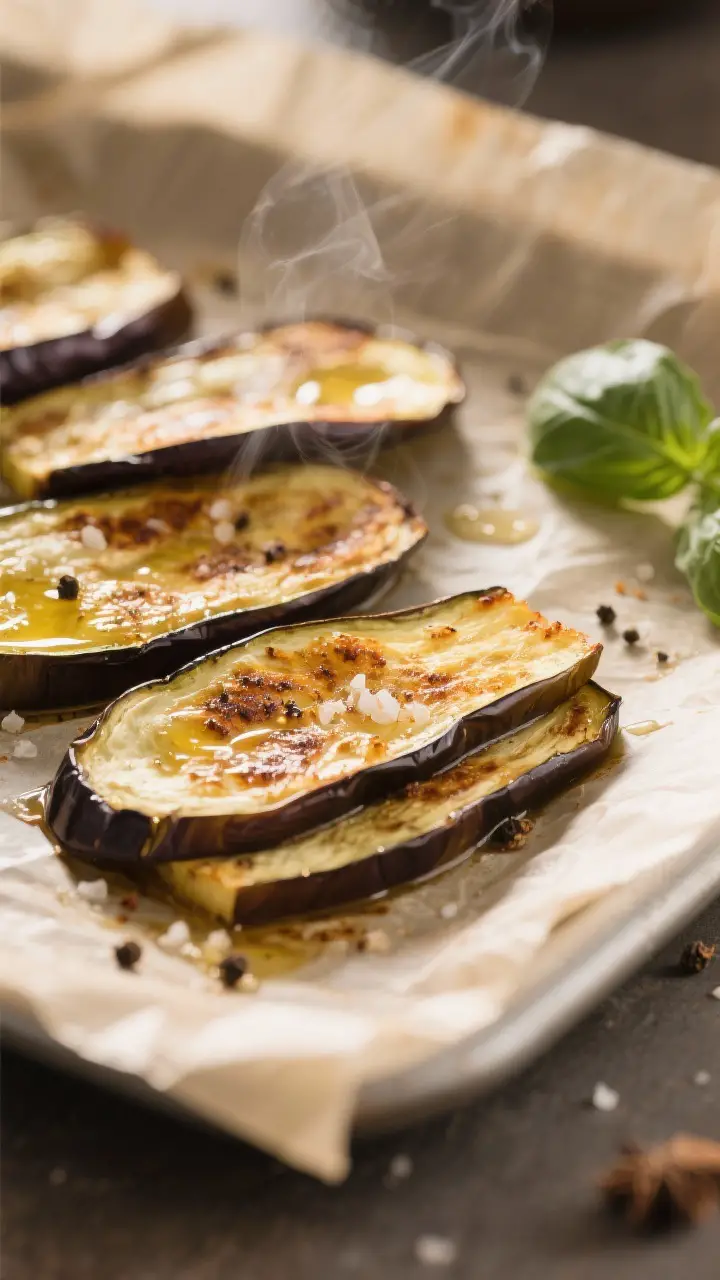 Cooking process close-up: Golden-browned eggplant slices just out of the oven on a parchment-lined s
