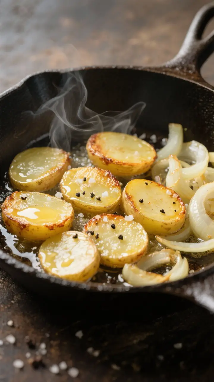 Cooking process close-up: Golden potato slices pan-frying in a well-seasoned cast-iron skillet, sing