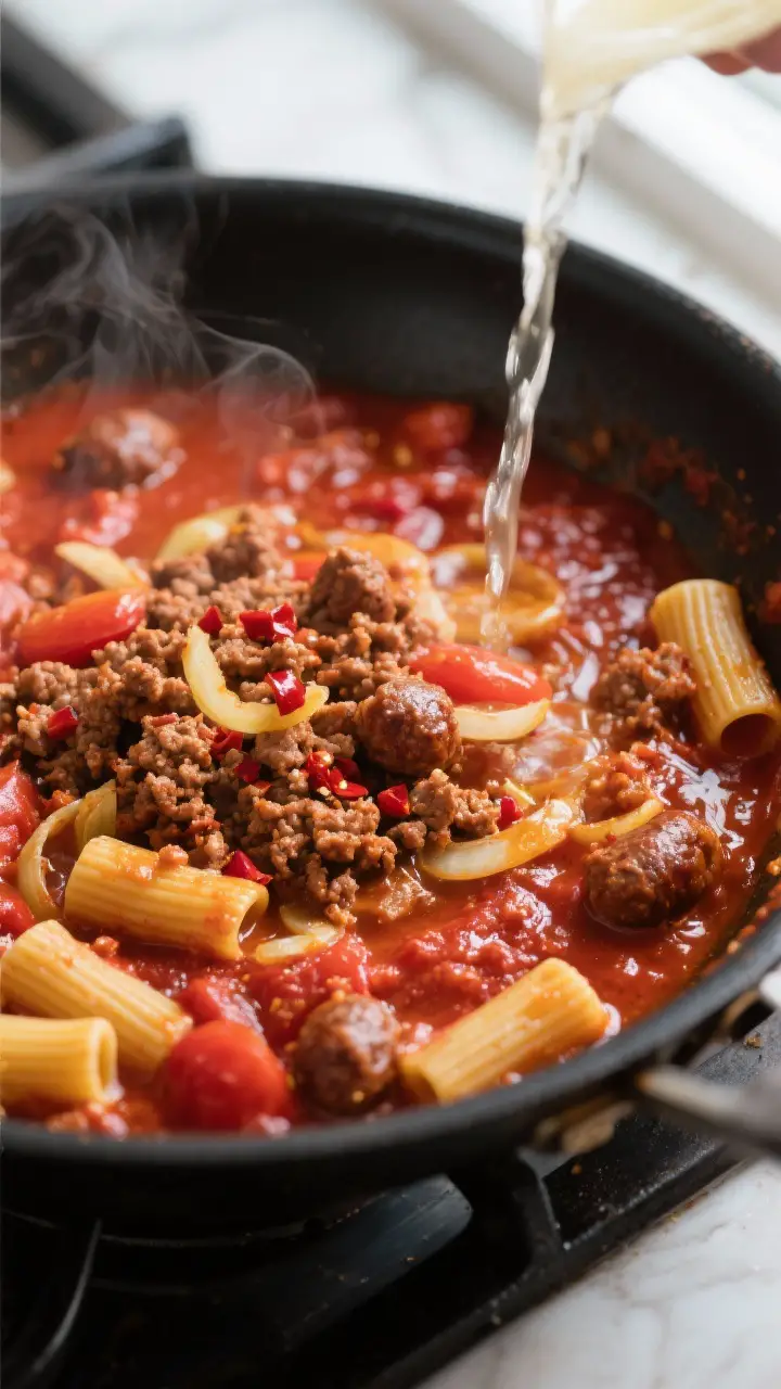 Cooking process close-up: In a wide, black skillet, browned crumbled Italian sausage is nestled into