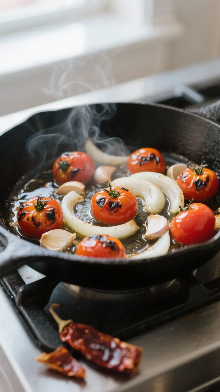 Cooking process close-up: Lightly blistered Roma tomatoes, white onion wedges, and garlic cloves siz
