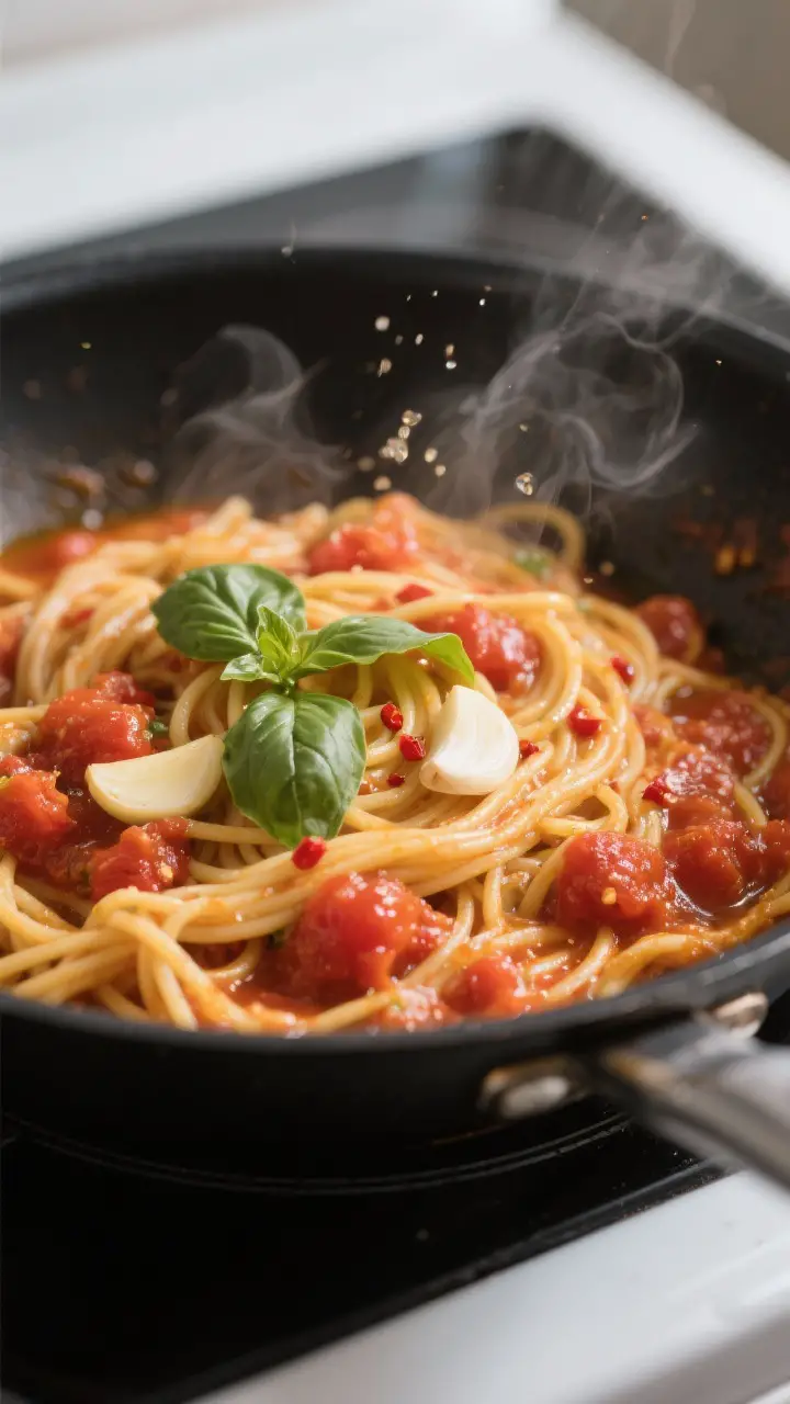 Cooking process close-up: Linguine tossed in a wide skillet with a chunky, juicy fresh tomato sauce;