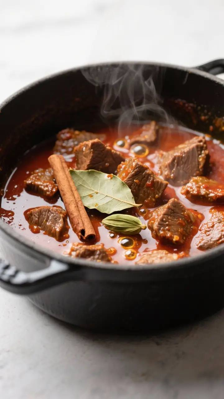 Cooking process close-up: Massaman curry paste frying in separated coconut cream until oily and deep
