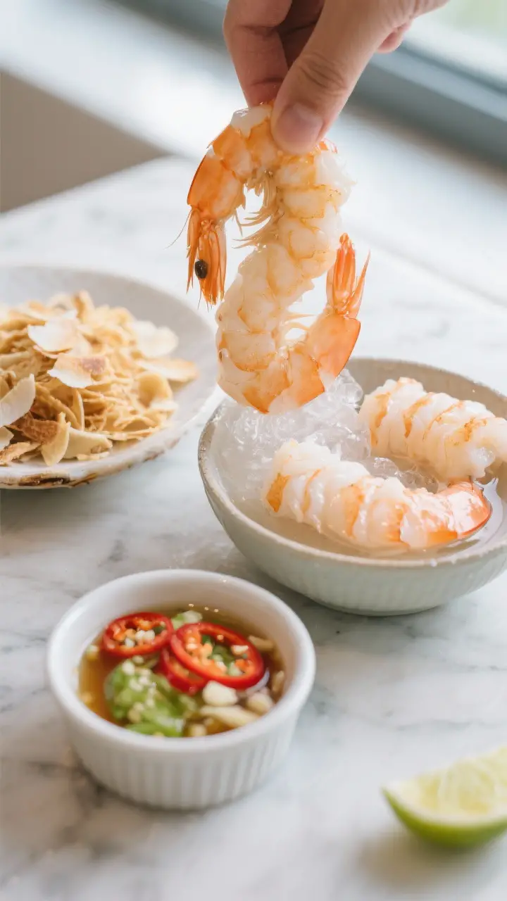 Cooking process close-up: Poached shrimp for Yum Som O just lifted from an ice bath and patted dry,