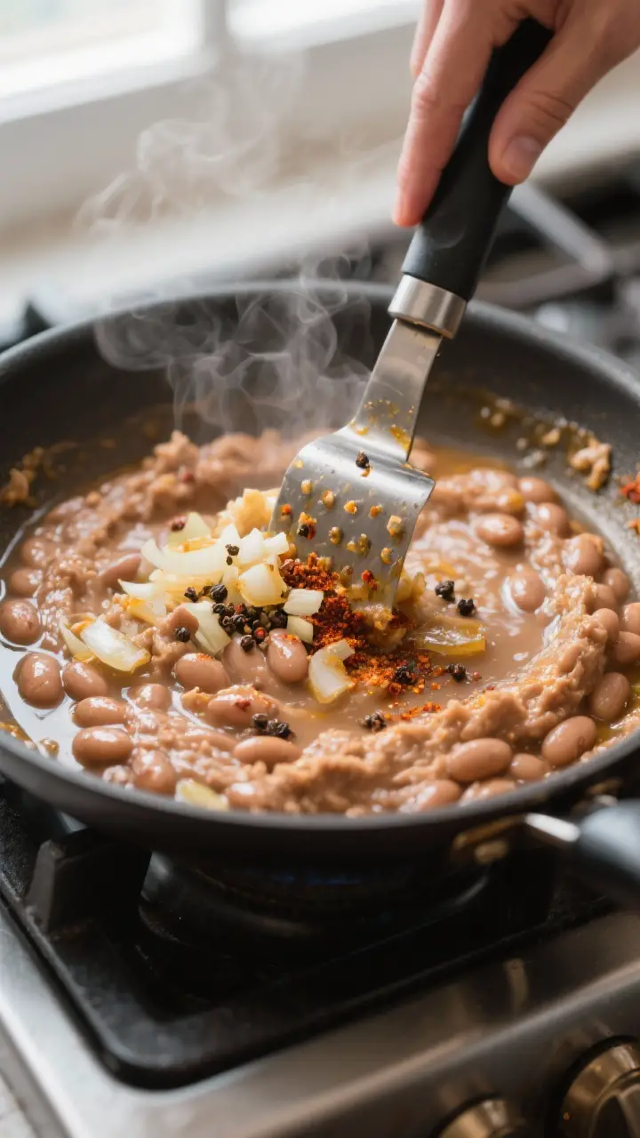 Cooking process, close-up: Refried pinto beans being mashed in a wide skillet with a potato masher,