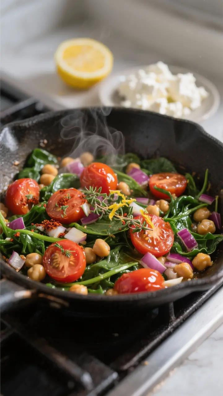 Cooking process close-up: Sautéed Mediterranean filling in a skillet, showing glistening cherry tom