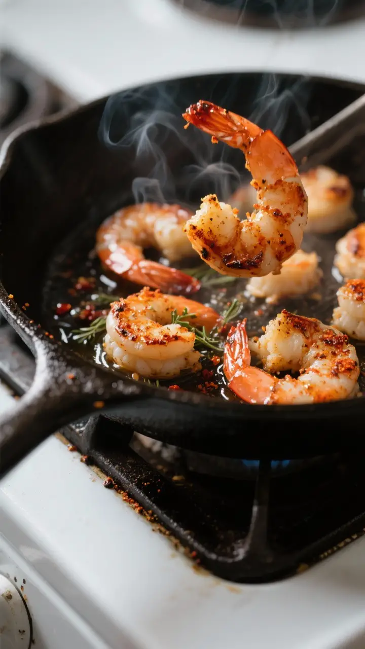 Cooking process close-up: Searing spiced shrimp in a hot skillet, capturing crisp, lightly charred e