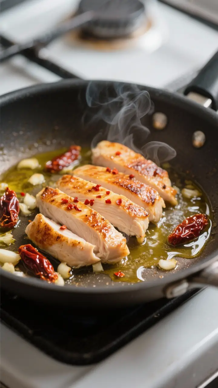 Cooking process close-up: Searing thinly sliced chicken in a wide stainless skillet until deeply gol