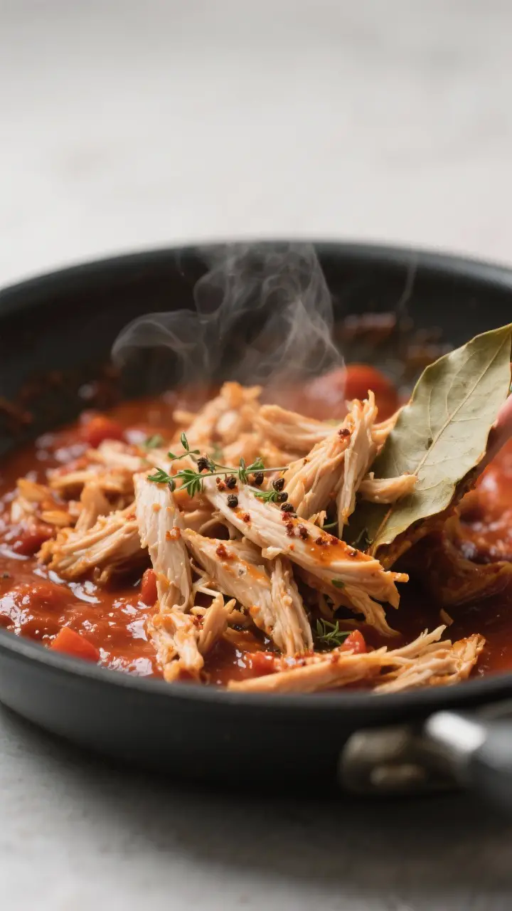 Cooking process close-up: Shredded chicken being folded into a simmering, glossy tomato–chipotle t
