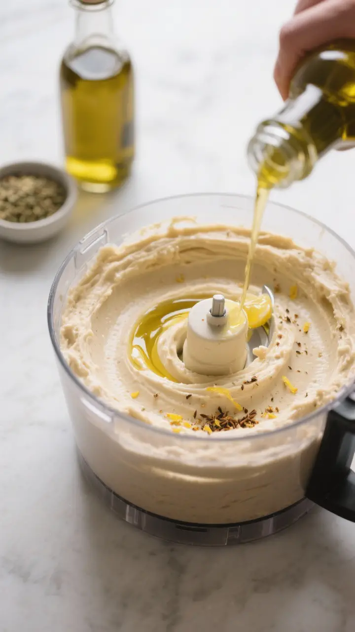 Cooking process close-up: Silky hummus being blended to ultra-creamy texture in a food processor, ol