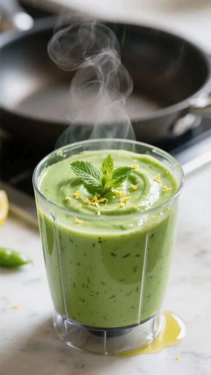 Cooking process, close-up: Silky pea purée being blended smooth and glossy in a blender jar, steam 