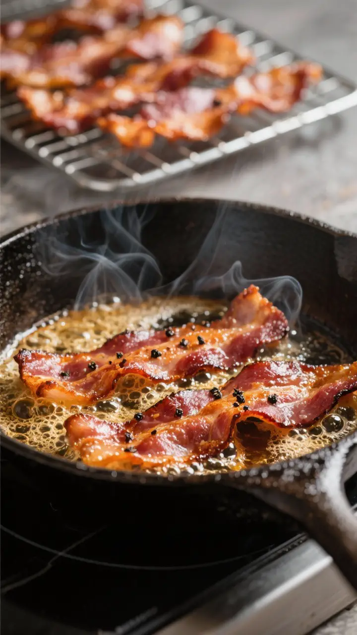 Cooking process close-up: Sizzling bacon in a cast-iron skillet rendered to deep mahogany crispness,