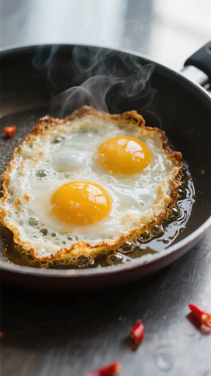Cooking process close-up: Sizzling Thai fried eggs (Yum Kai Dao) in a small skillet with 1/4 inch sh