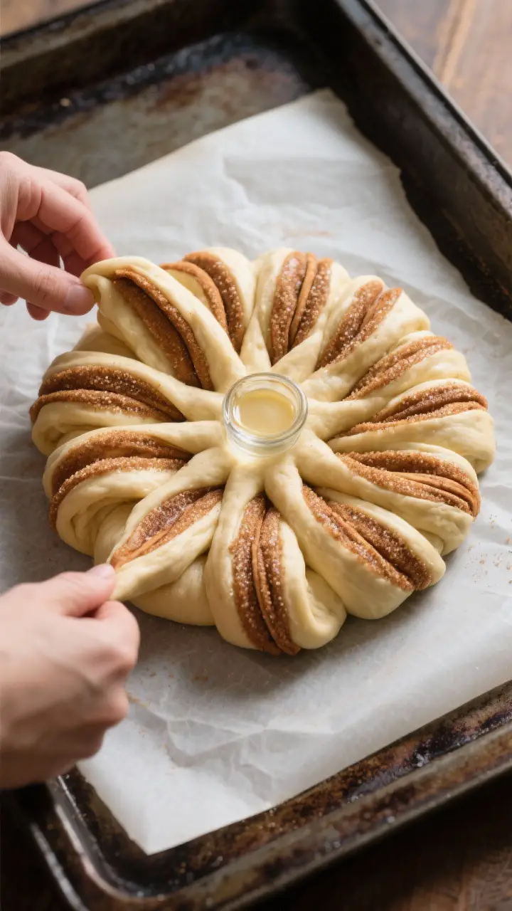 Cooking process close-up: Sourdough cinnamon star bread being shaped—overhead shot of the stacked