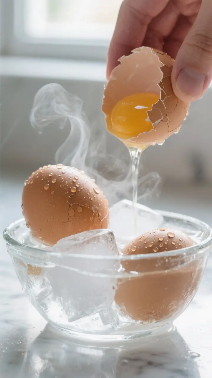 Cooking process, close-up: Steaming hot just-boiled eggs being lowered into a clear ice bath, shells