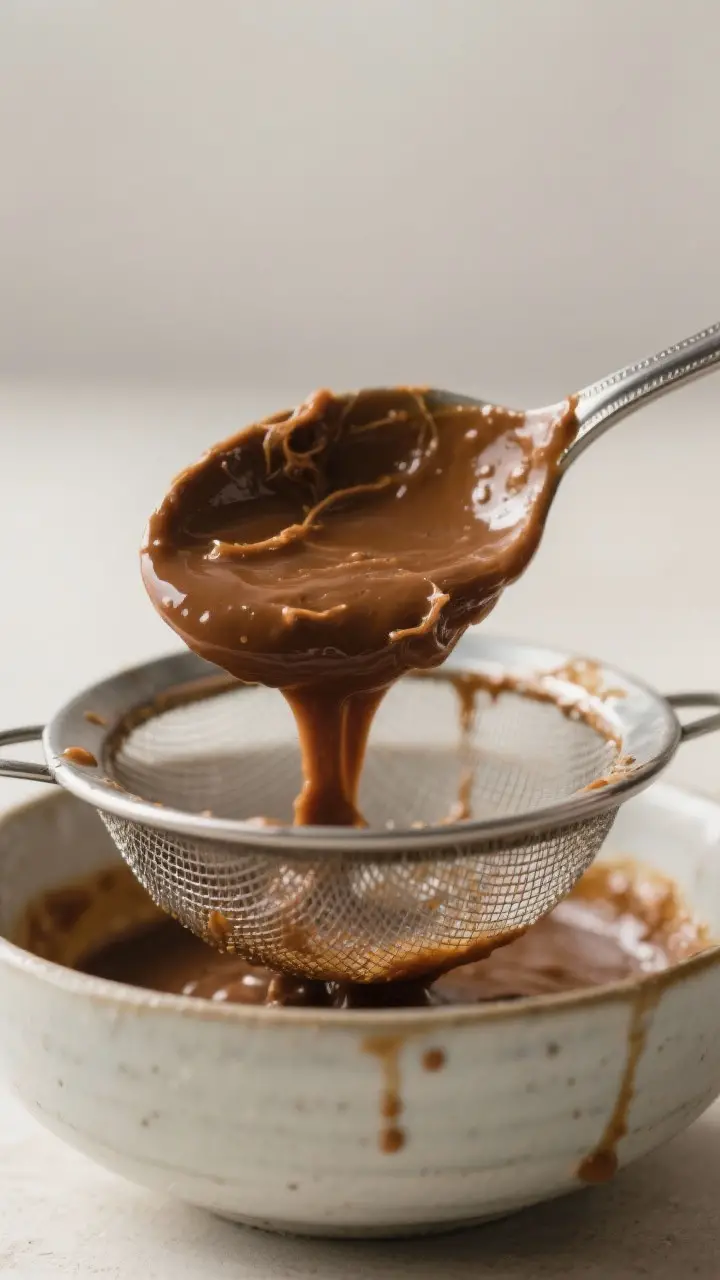 Cooking process close-up: Thick, glossy tamarind paste being pressed through a fine-mesh strainer in