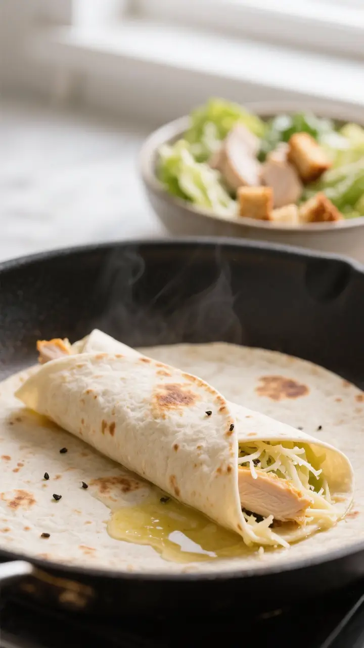 Cooking process close-up: Warm flour tortilla in a dry skillet, seam-side-down Chicken Caesar wrap b