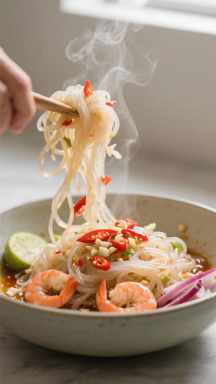 Cooking process close-up: Warm, just-blanched glass noodles being tossed in a large bowl with the li