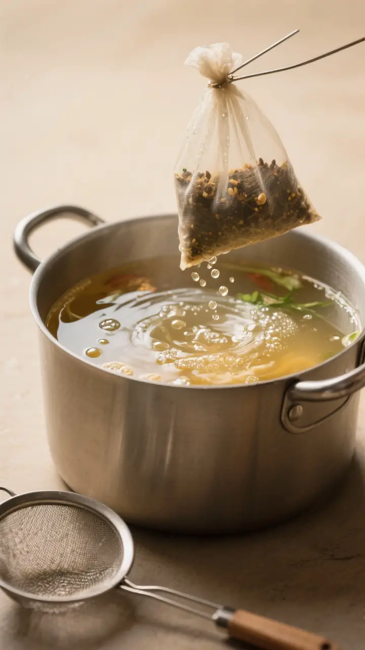 Cooking process: Gently simmering pho broth in a wide pot after straining, crystal-clear and aromati
