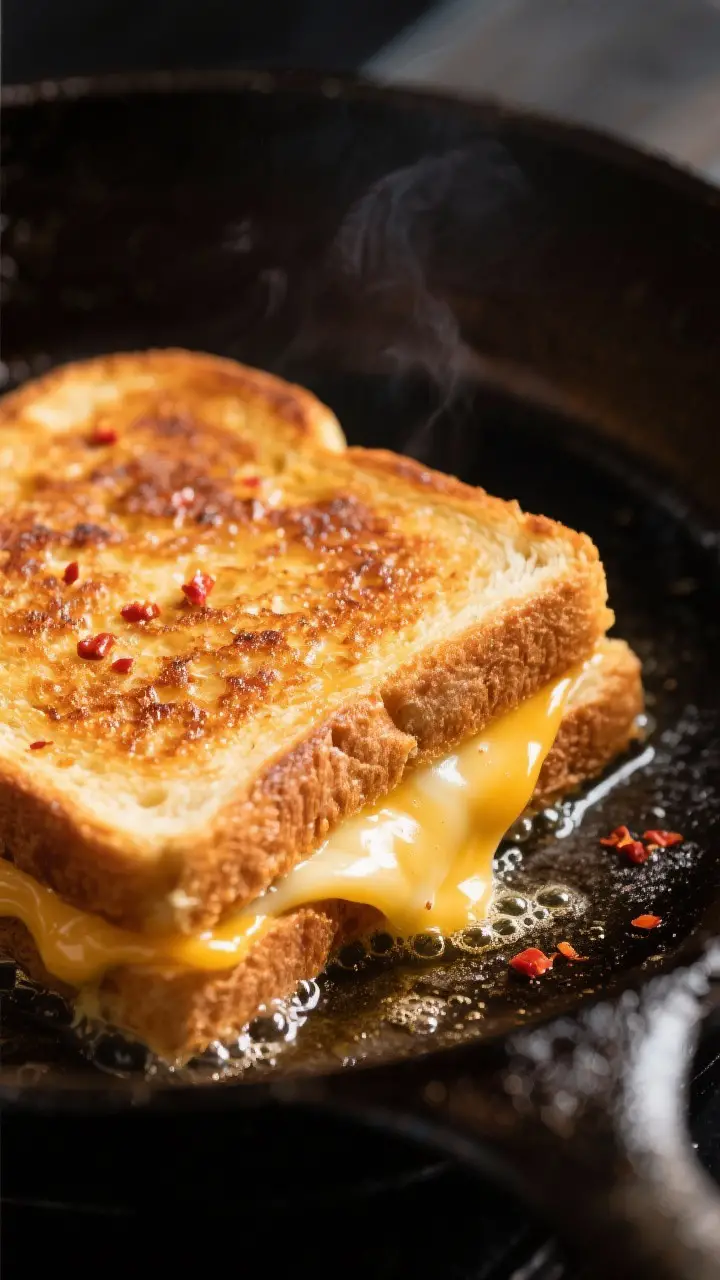 Cooking process: Golden grilled cheese sandwich in a cast-iron skillet mid-cook, one side deeply car