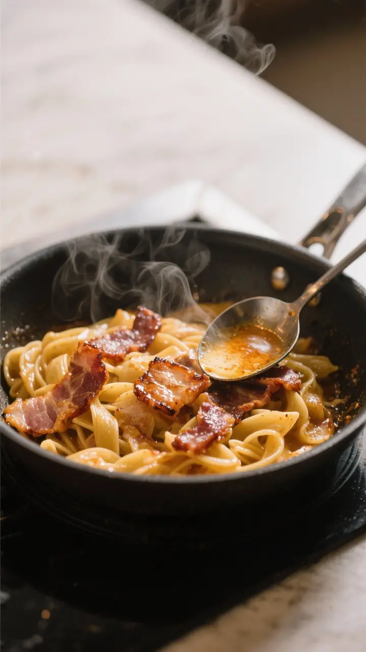 Cooking process: Guanciale rendered to golden-brown perfection in a wide skillet, pasta just added a