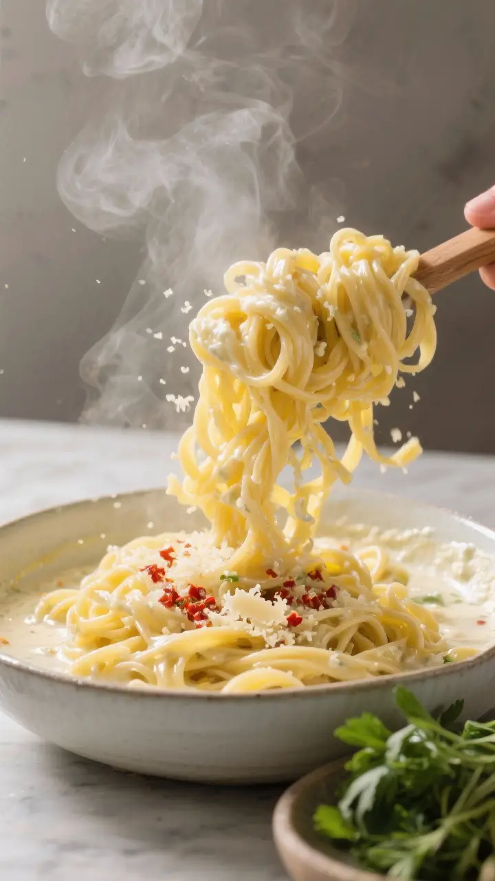 Cooking process: Hot pasta being tossed directly in a large mixing bowl with the ricotta-lemon base,