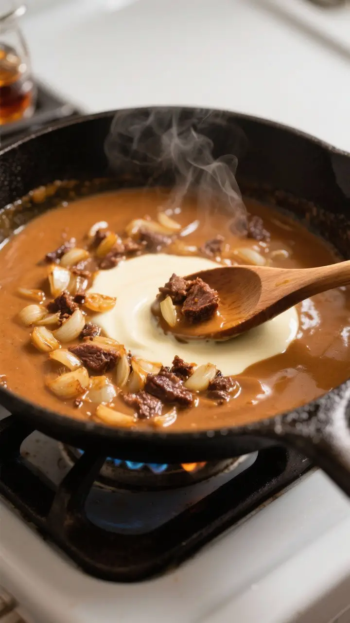 Cooking process: In-pan action shot of the sauce stage—shallot-softened fond being deglazed with c