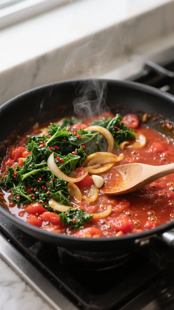 Cooking process, mid-simmer: Overhead shot of a large black skillet on a stovetop with the tomato-ga