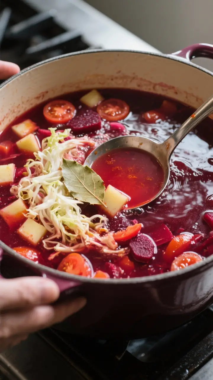 Cooking process: Mid-simmer scene of borscht in a Dutch oven, focusing on the stage after tomato pas