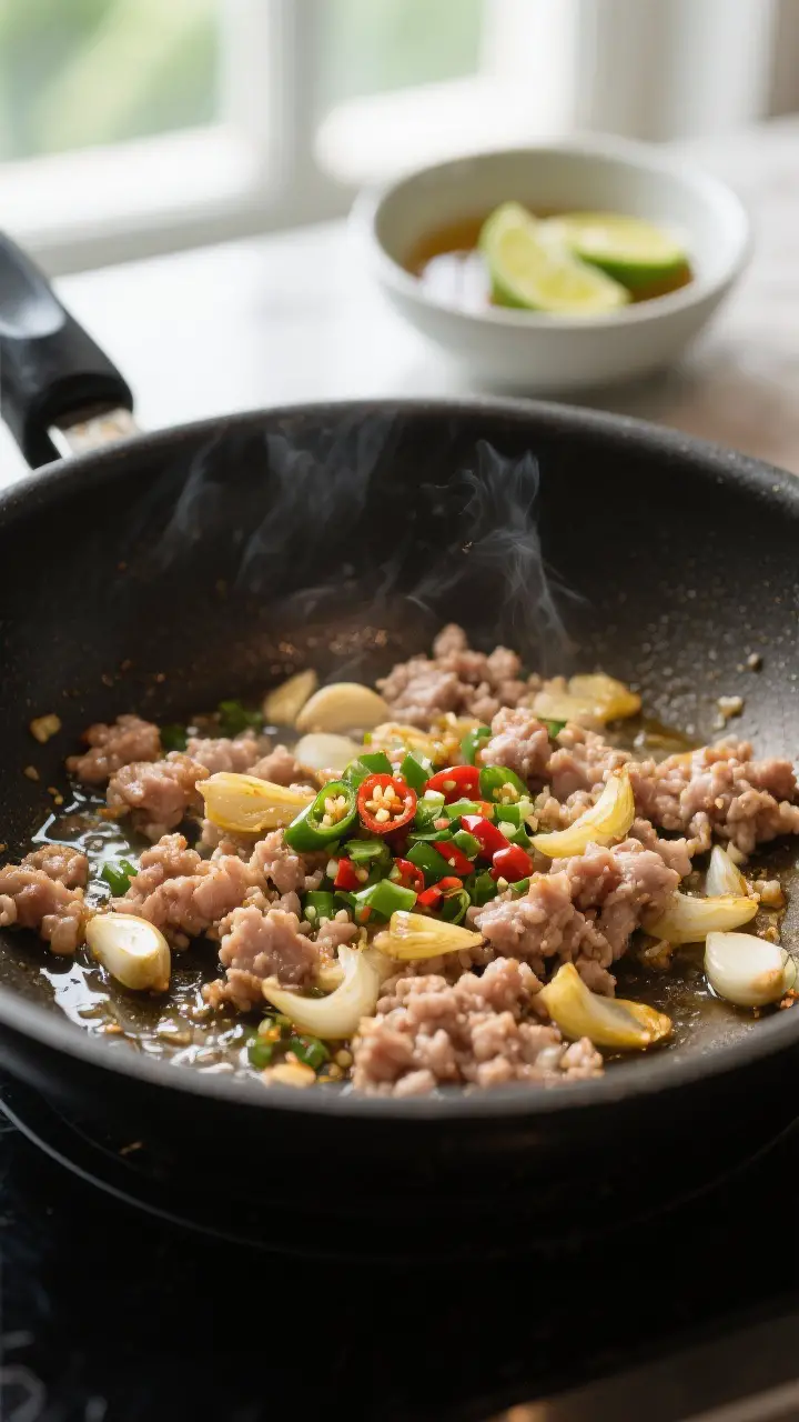 Cooking process: Minced pork sizzling in a skillet with golden garlic and softened shallots, lightly