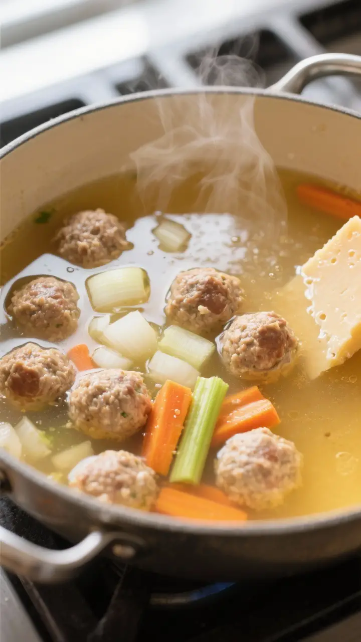 Cooking process – mini meatballs poaching: A large soup pot at a lively simmer with clear golden c