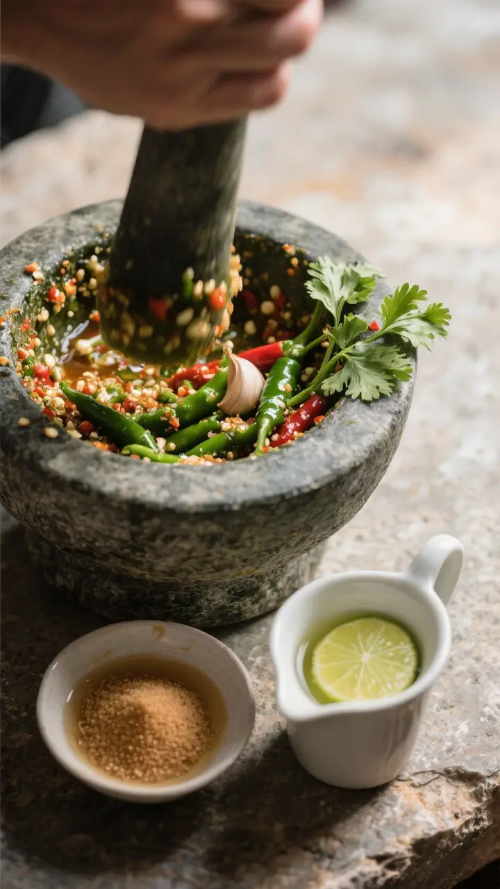 Cooking process: Mortar-and-pestle action shot focusing on the textured chili-garlic paste for Nam J
