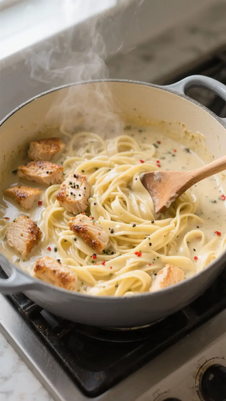 Cooking process — One-Pot Chicken Alfredo mid-simmer: overhead shot of a wide Dutch oven with fett