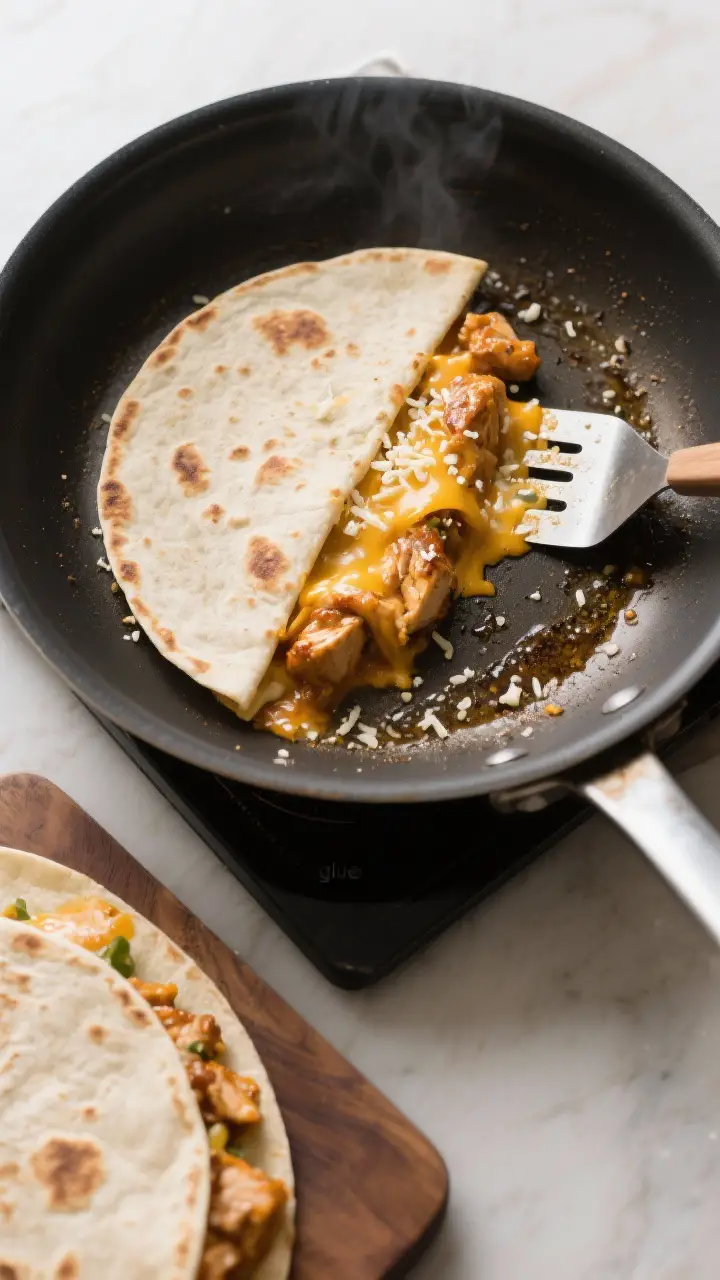 Cooking process: Overhead shot of a half-moon quesadilla sizzling in a large skillet over medium hea