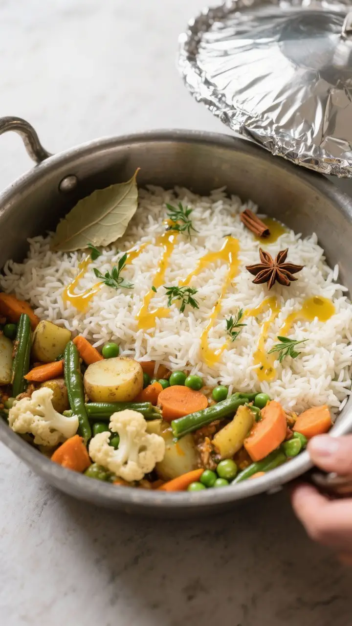 Cooking process: Overhead shot of a heavy, wide pot just after layering, showing the marinated mixed