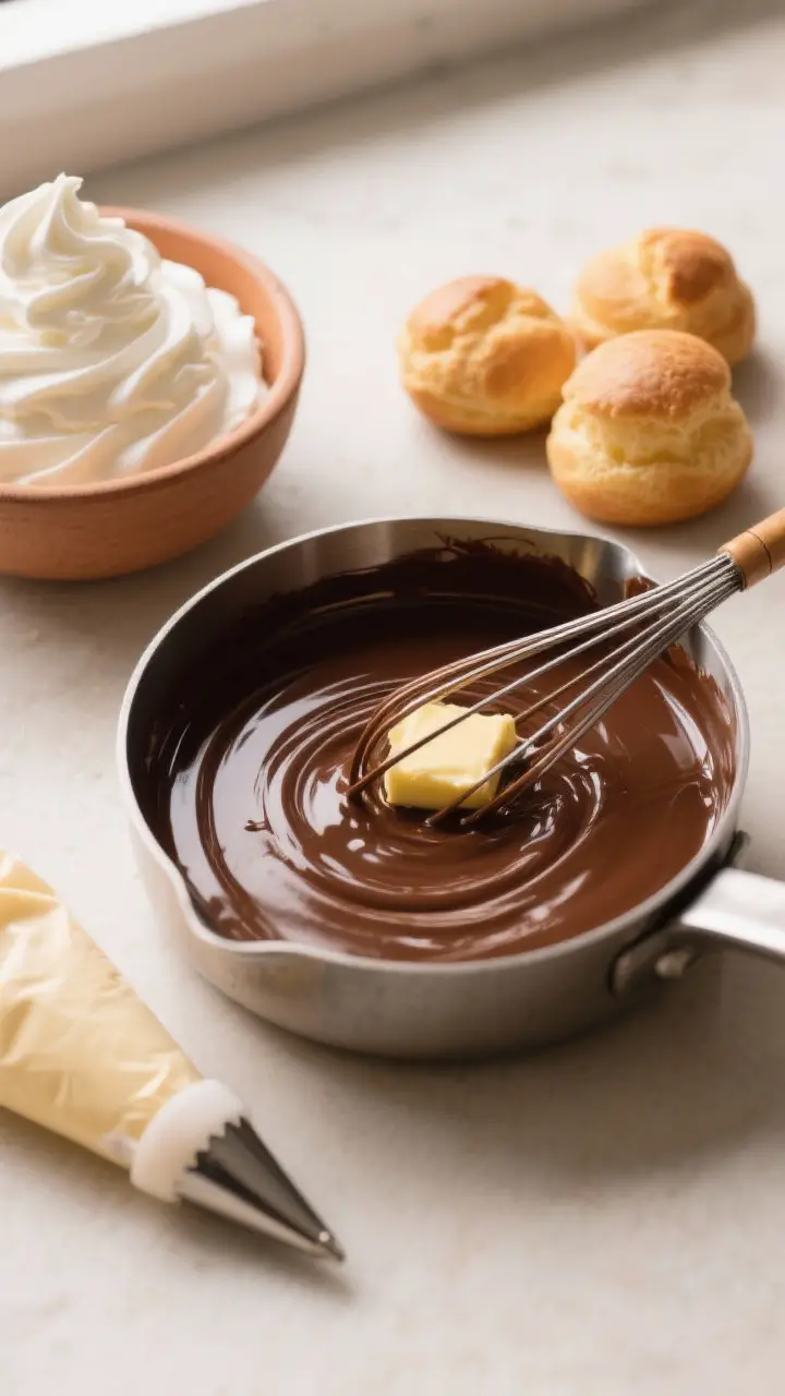 Cooking process: Overhead shot of a saucepan of glossy chocolate sauce just whisked smooth—rich da