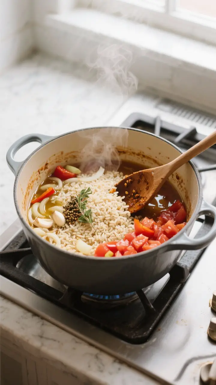 Cooking process: Overhead shot of a wide Dutch oven on the stovetop with the rice toasting stage in