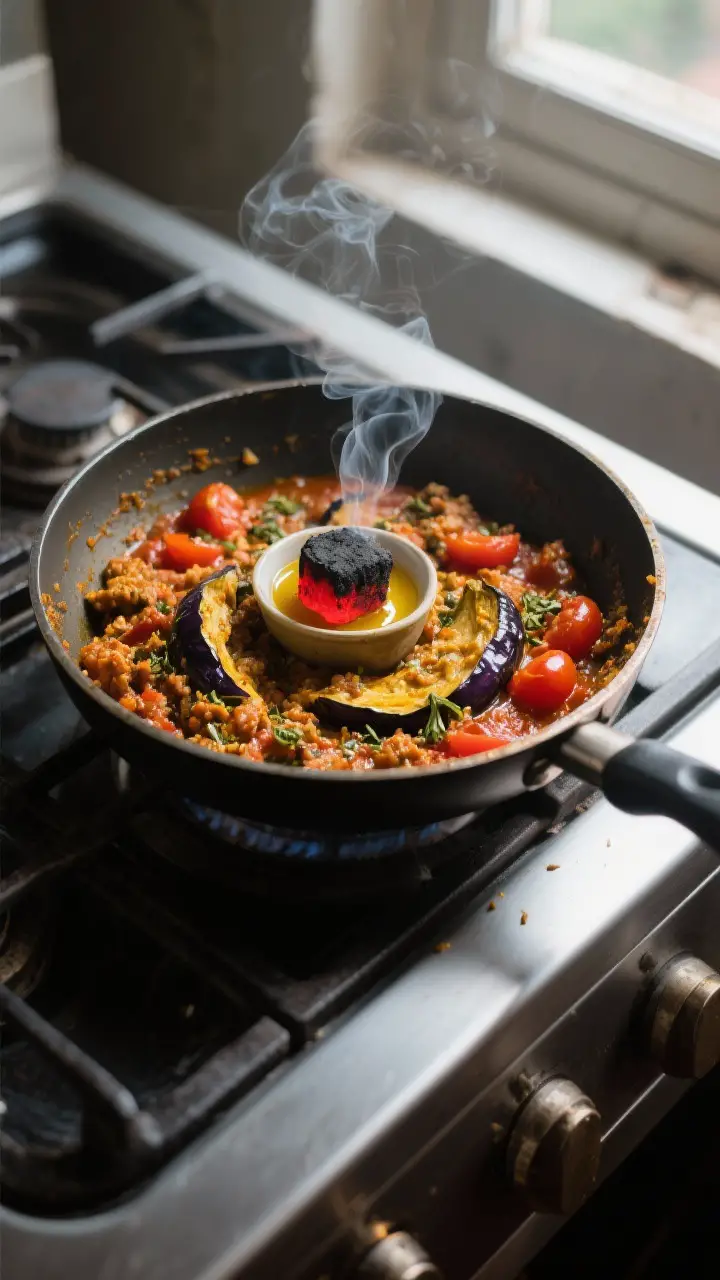 Cooking process: Overhead shot of baingan bharta finishing in a wide sauté pan—spices bloomed (cu