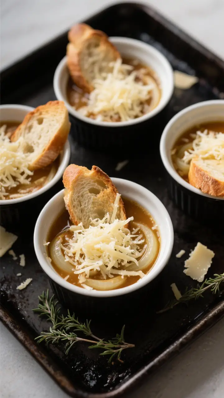 Cooking process: Overhead shot of broiler-safe bowls just assembled—hot onion soup ladled in, toas