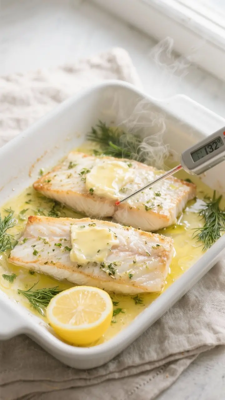Cooking process: Overhead shot of cod fillets mid-bake in a white enamel baking dish, thin layer of 