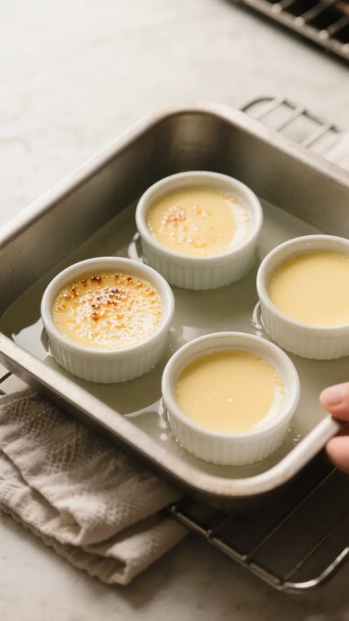 Cooking process: Overhead shot of crème brûlée custards in a bain-marie inside a deep baking dish